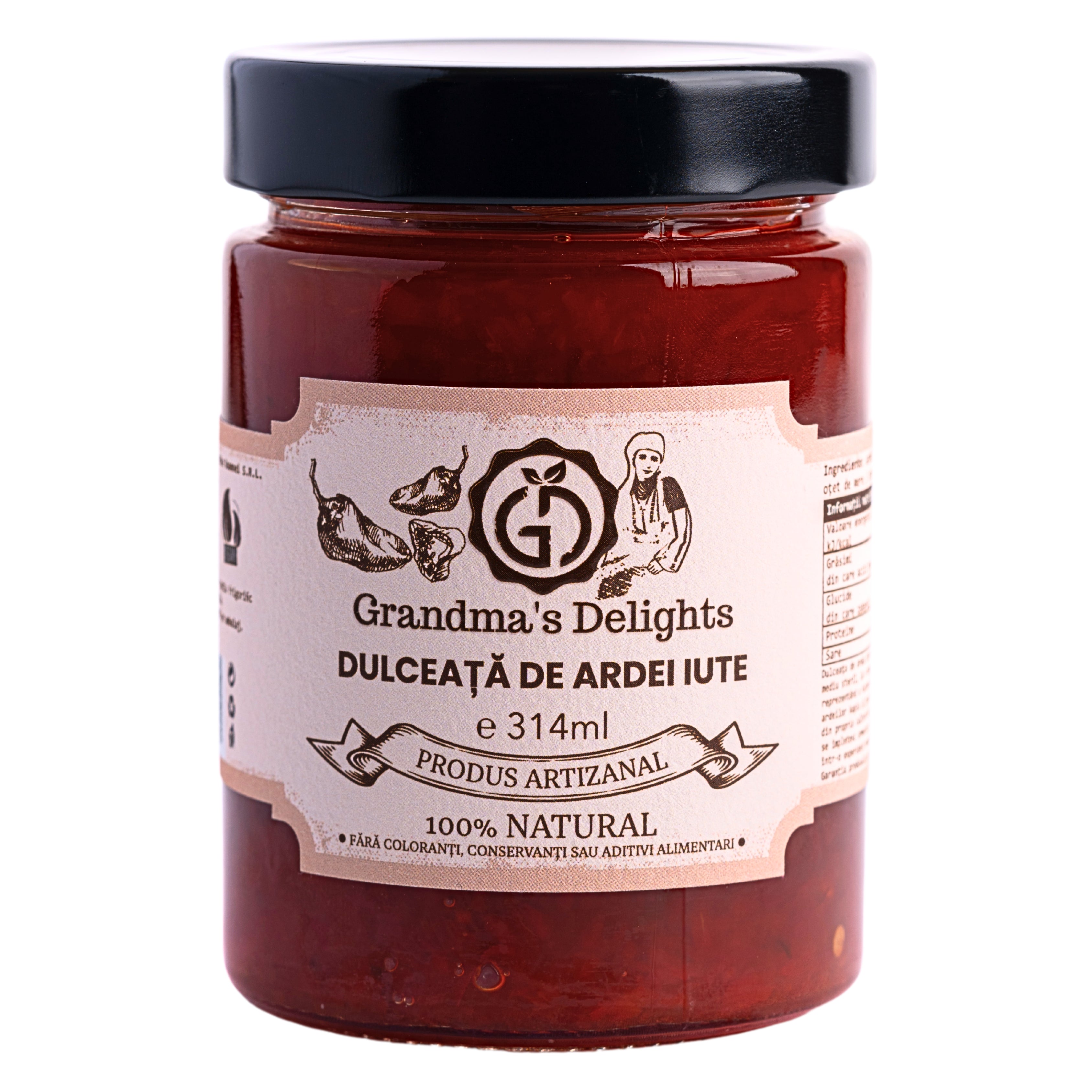 Dulceață de Ardei Iute Grandma's Delights, 100% Naturală, Fără Conservanți, Gust Picant și Echilibrat 314ml